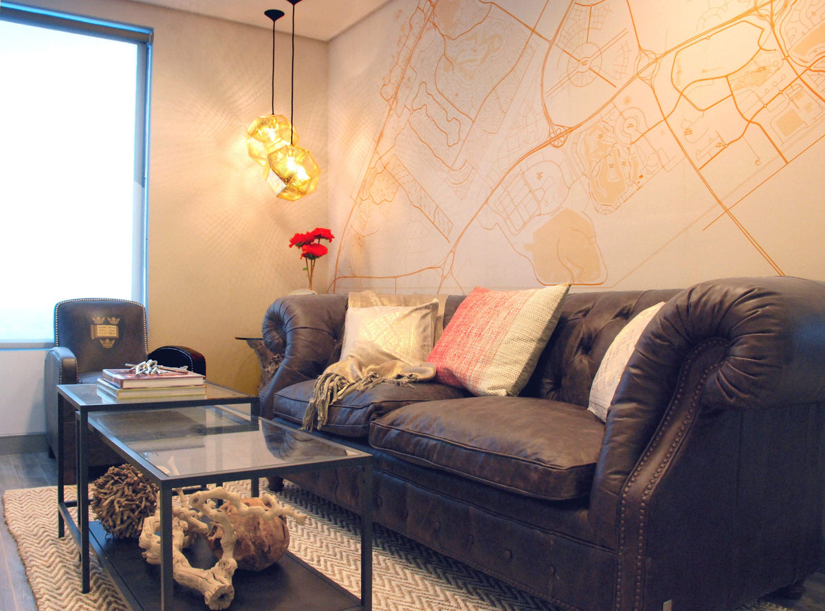 Dubai, UAE · Custom map wallpaper in grey & orange in a real estate office