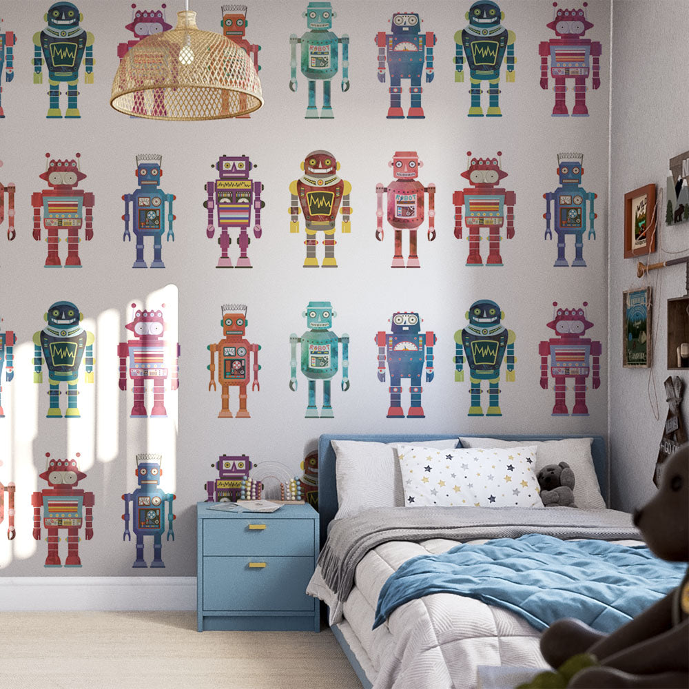 Electric Robots wallpaper mural styled in a child’s bedroom
