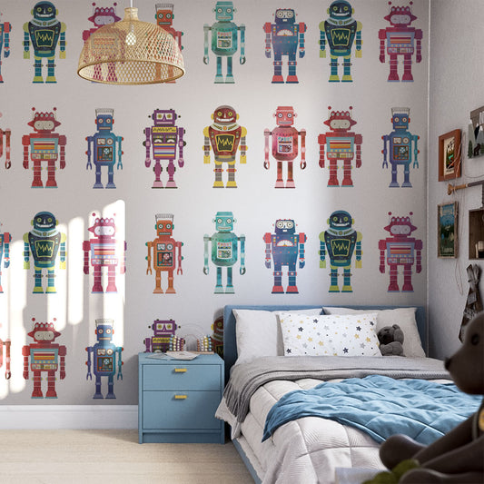 Electric Robots wallpaper mural styled in a child’s bedroom