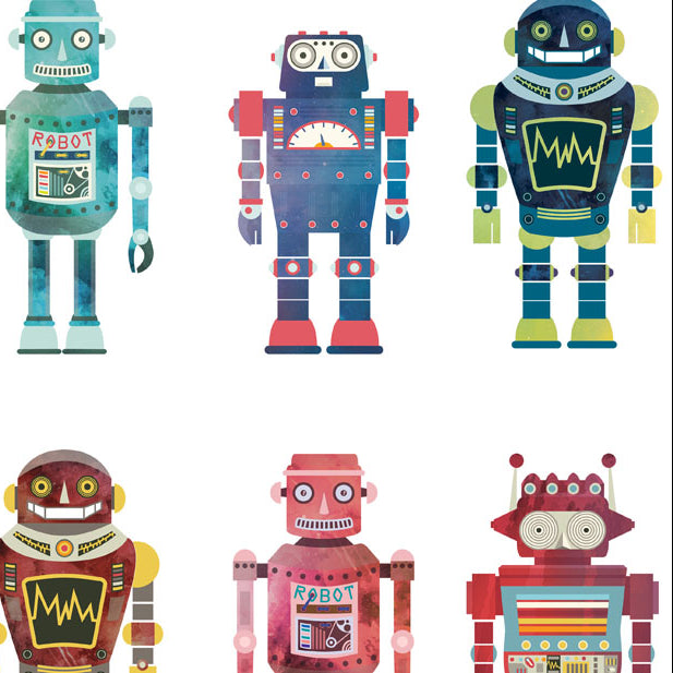 Close-up of the colourful Electric Robots wallpaper design