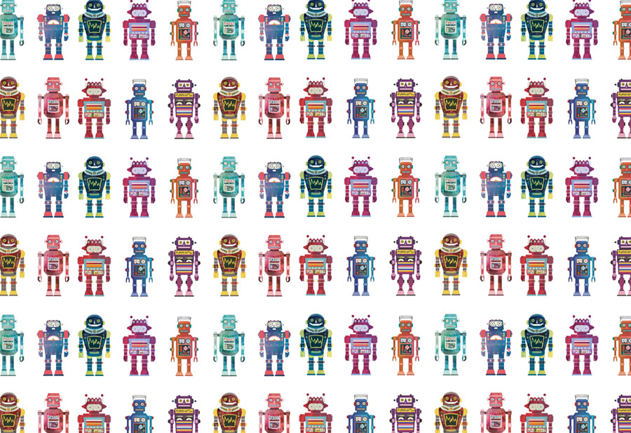 Electric Robots wallpaper mural with colourful retro robot characters