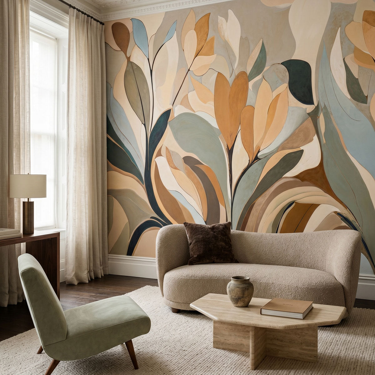 Emil's Bloom wallpaper mural shown in living room with curved sofa and green chair