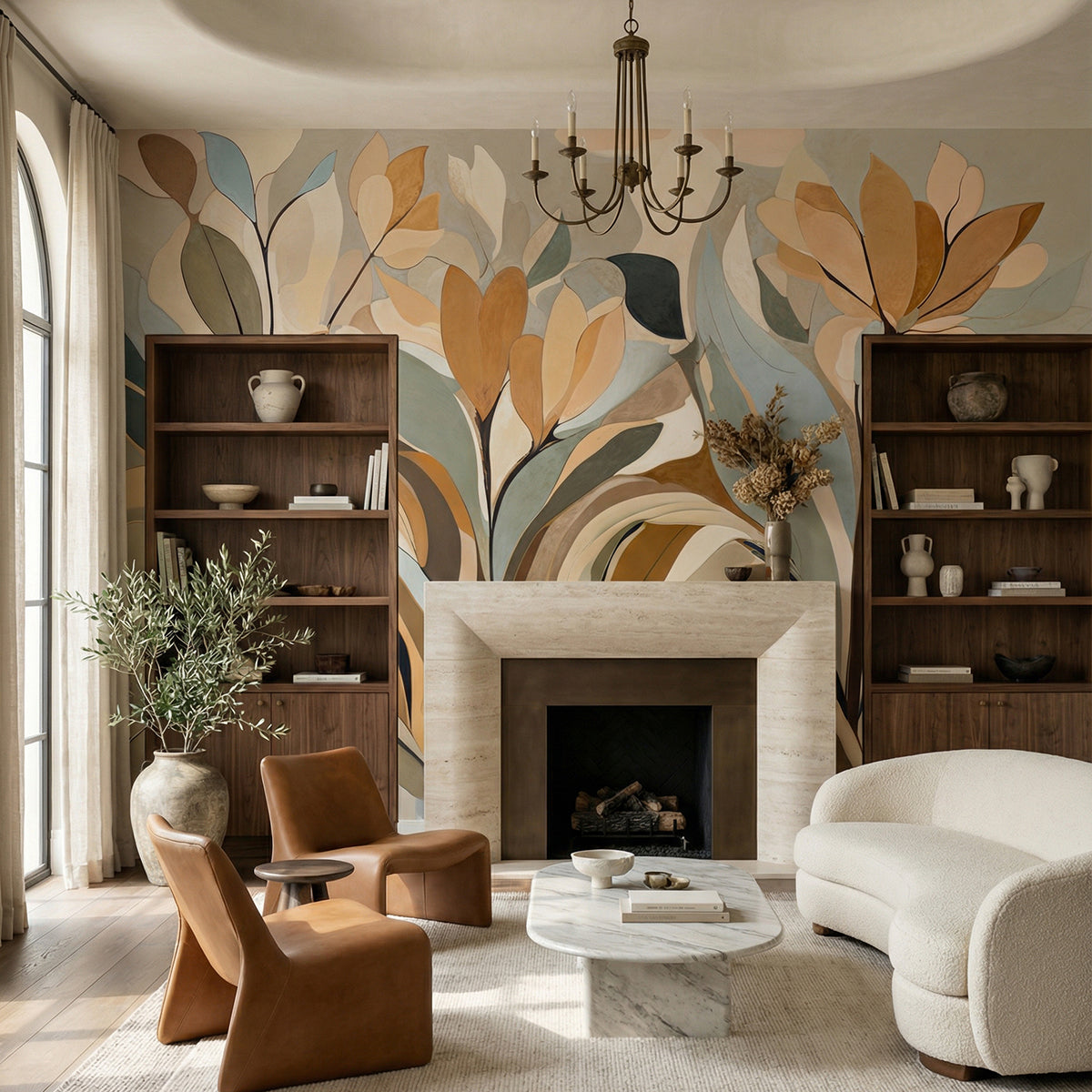 Emil's Bloom wallpaper mural shown in living room with fireplace rust chair