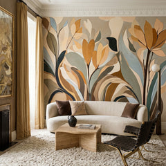 Emil's Bloom wallpaper mural shown in living room with white sofa and black chair