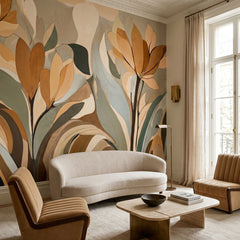 Emil's Bloom wallpaper mural shown in living room with white sofa and brown armchairs