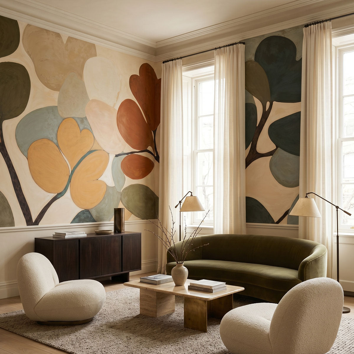 Emil's Bouquet wallpaper mural shown in living room with green sofa and white chairs