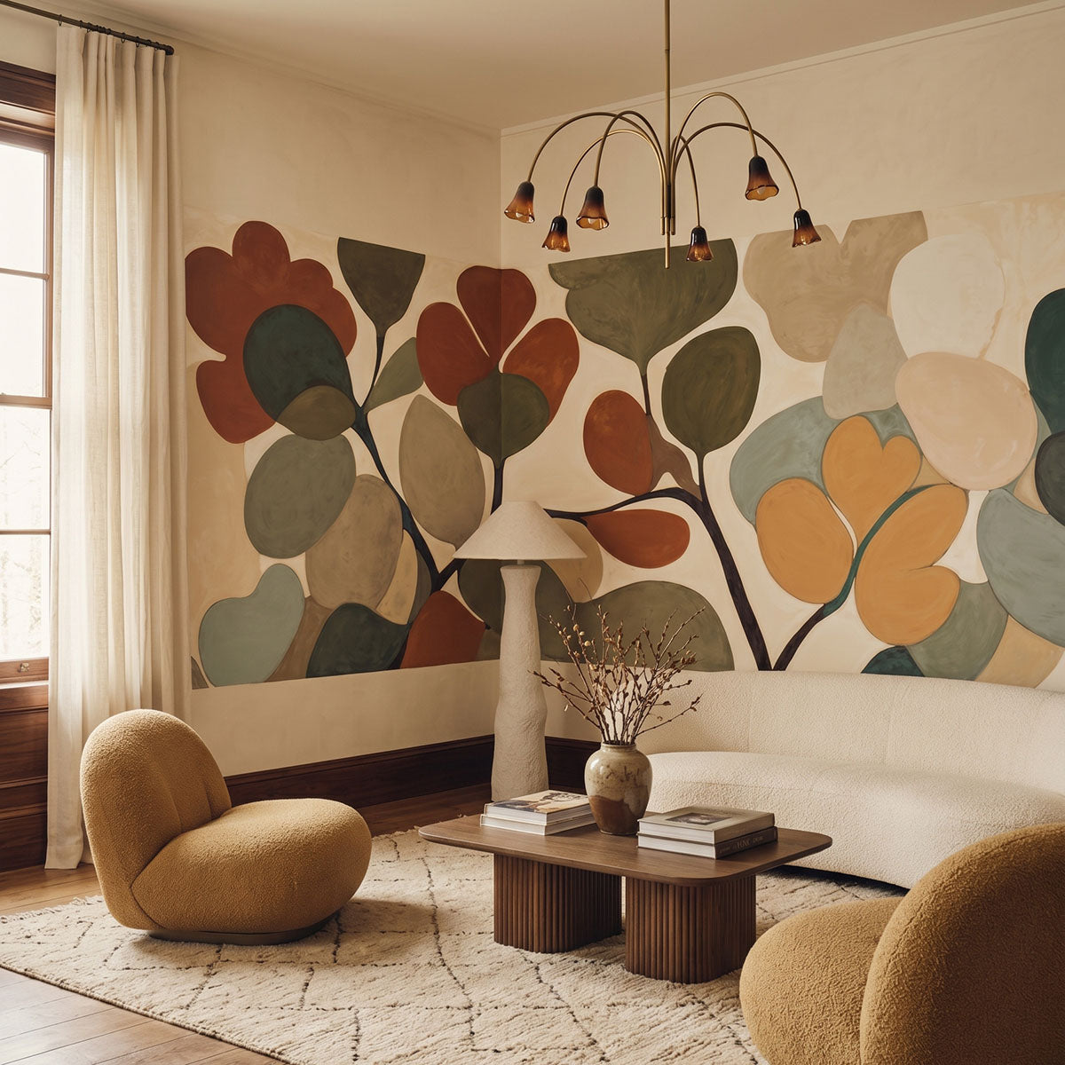 Emil's Bouquet wallpaper mural shown in living room with white sofa and mustard chairs