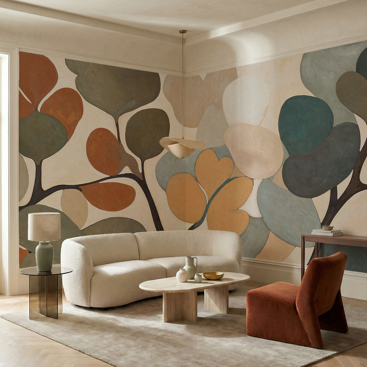 Emil's Bouquet wallpaper mural shown in living room with white sofa and rust armchair