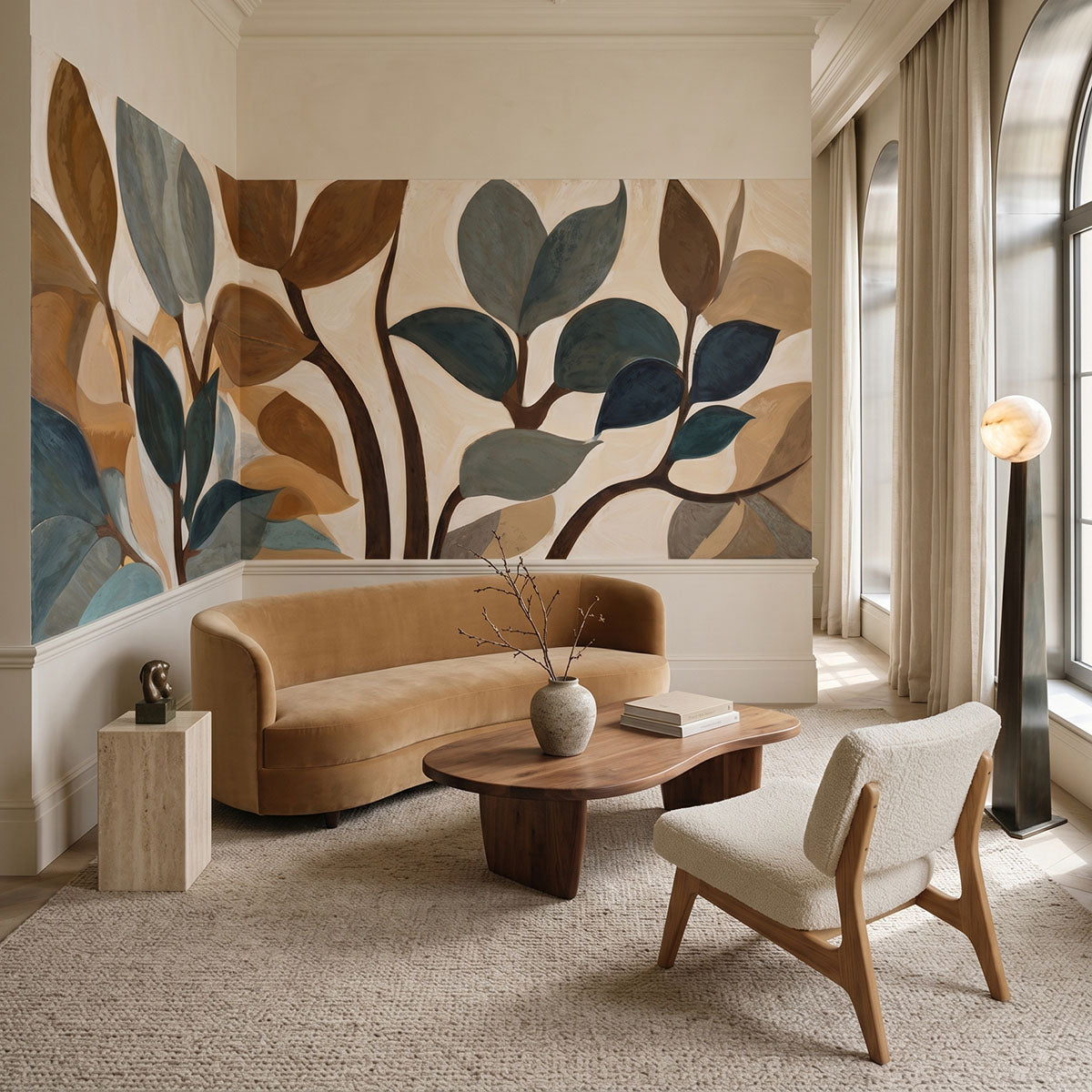 Emil's Garden wallpaper mural shown in living room with tan sofa and white chair