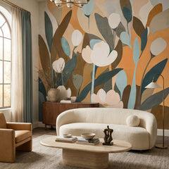 Emil's Meadow wallpaper mural shown in living room with curved white sofa