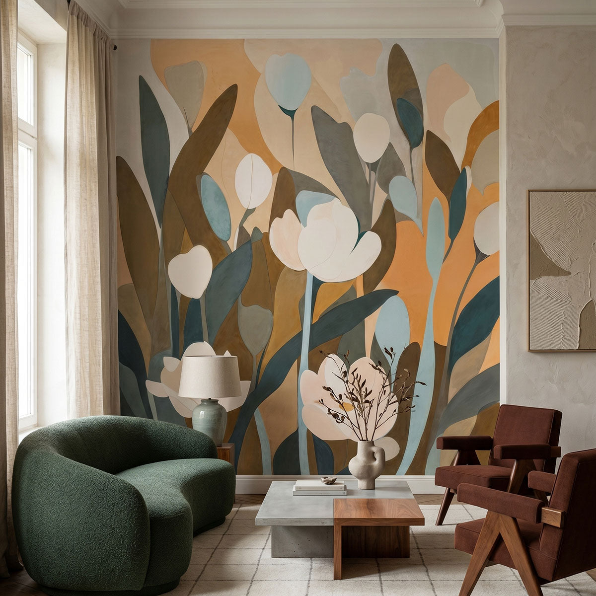 Emil's Meadow wallpaper mural shown in living room with green sofa and wood chair