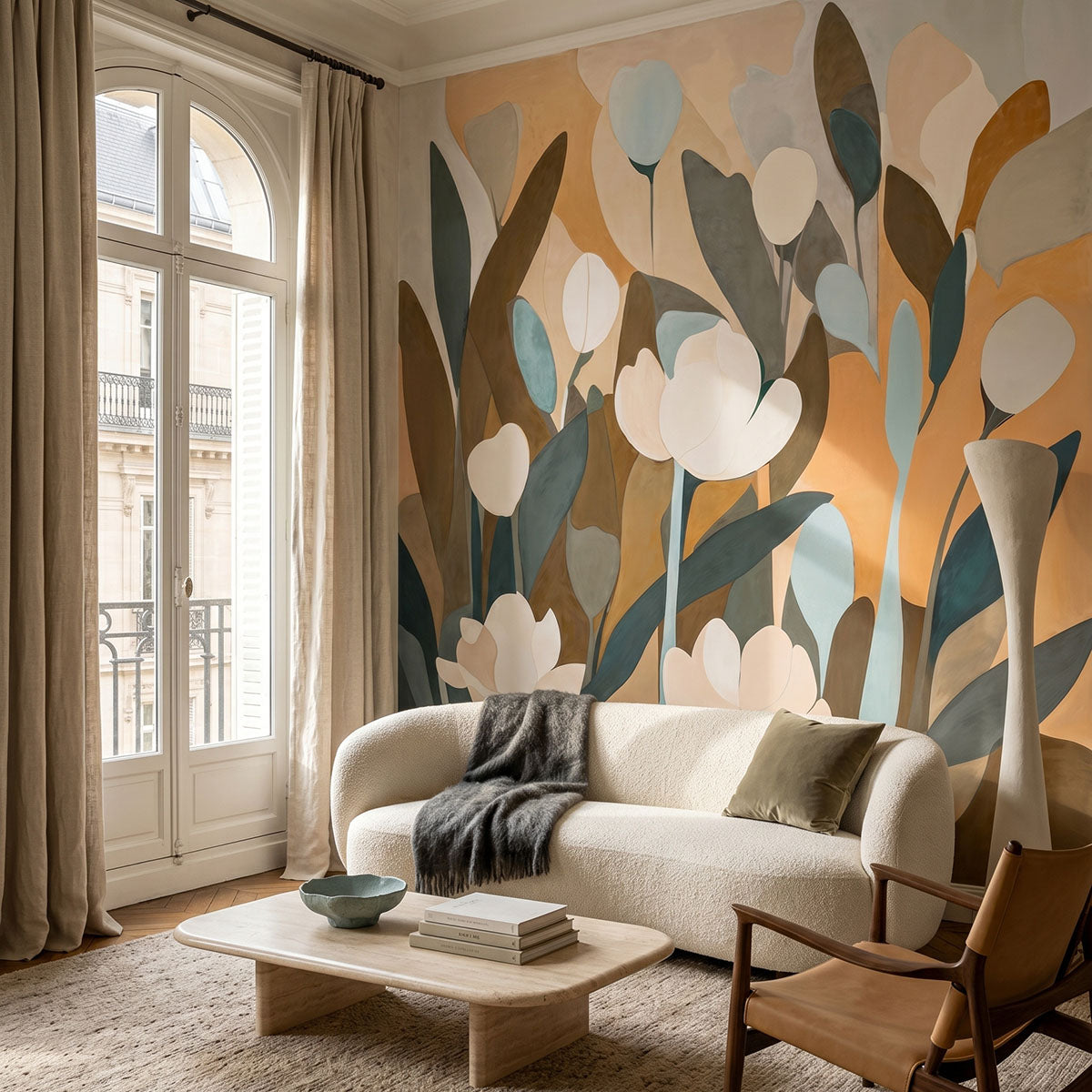 Emil's Meadow wallpaper mural shown in living room with white sofa and wood chair
