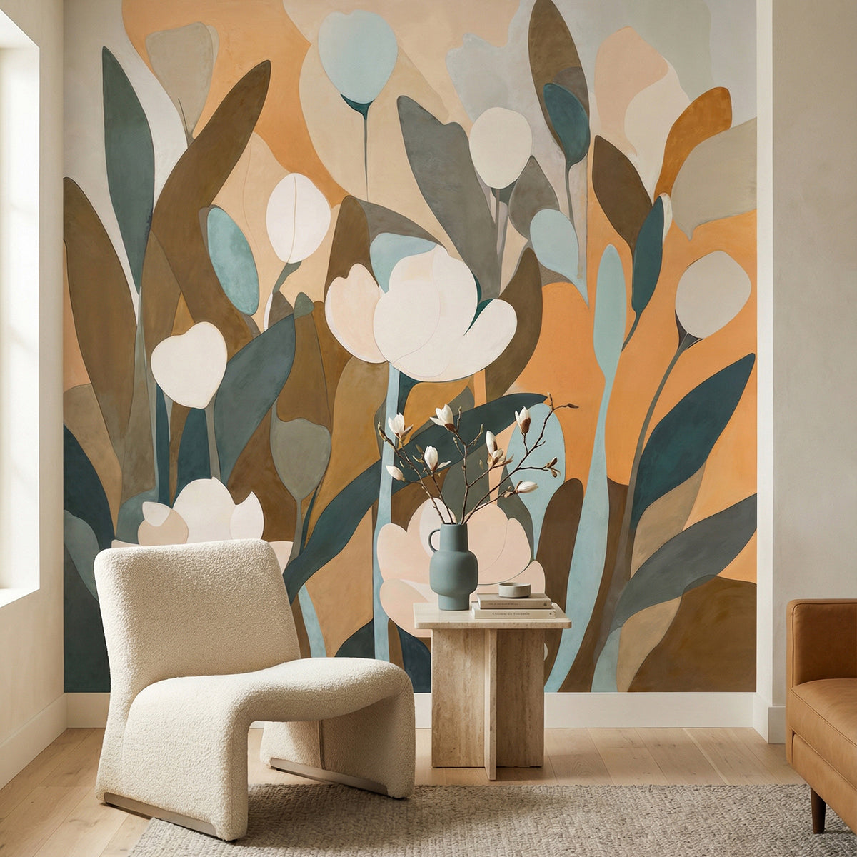 Emil's Meadow wallpaper mural shown in reading corner with white chair