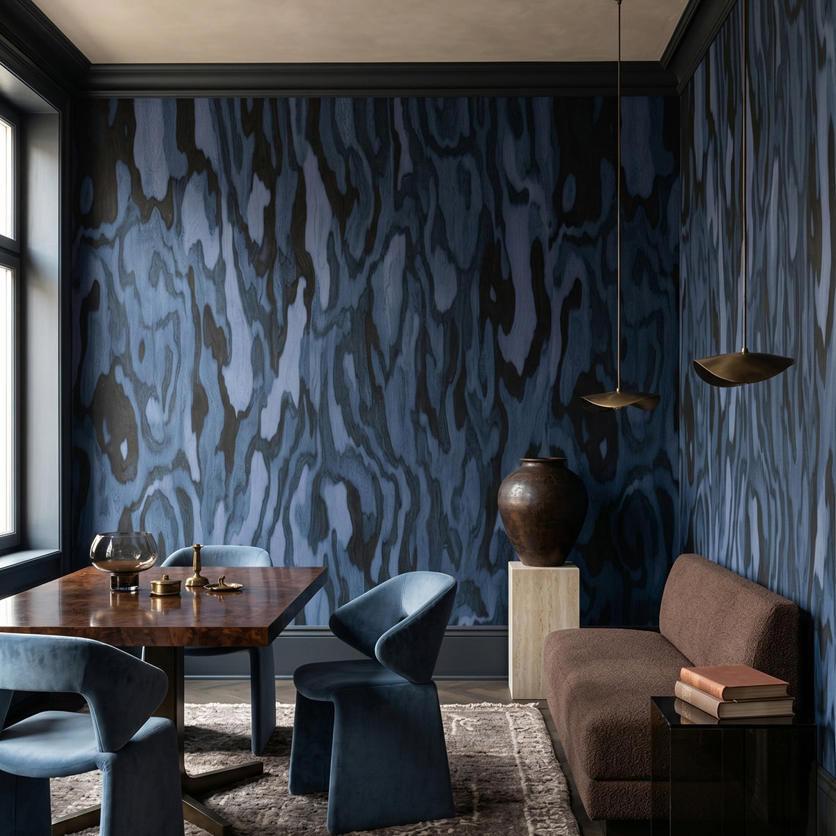Ettore Burl wallpaper mural shown in dining room with table and blue chairs