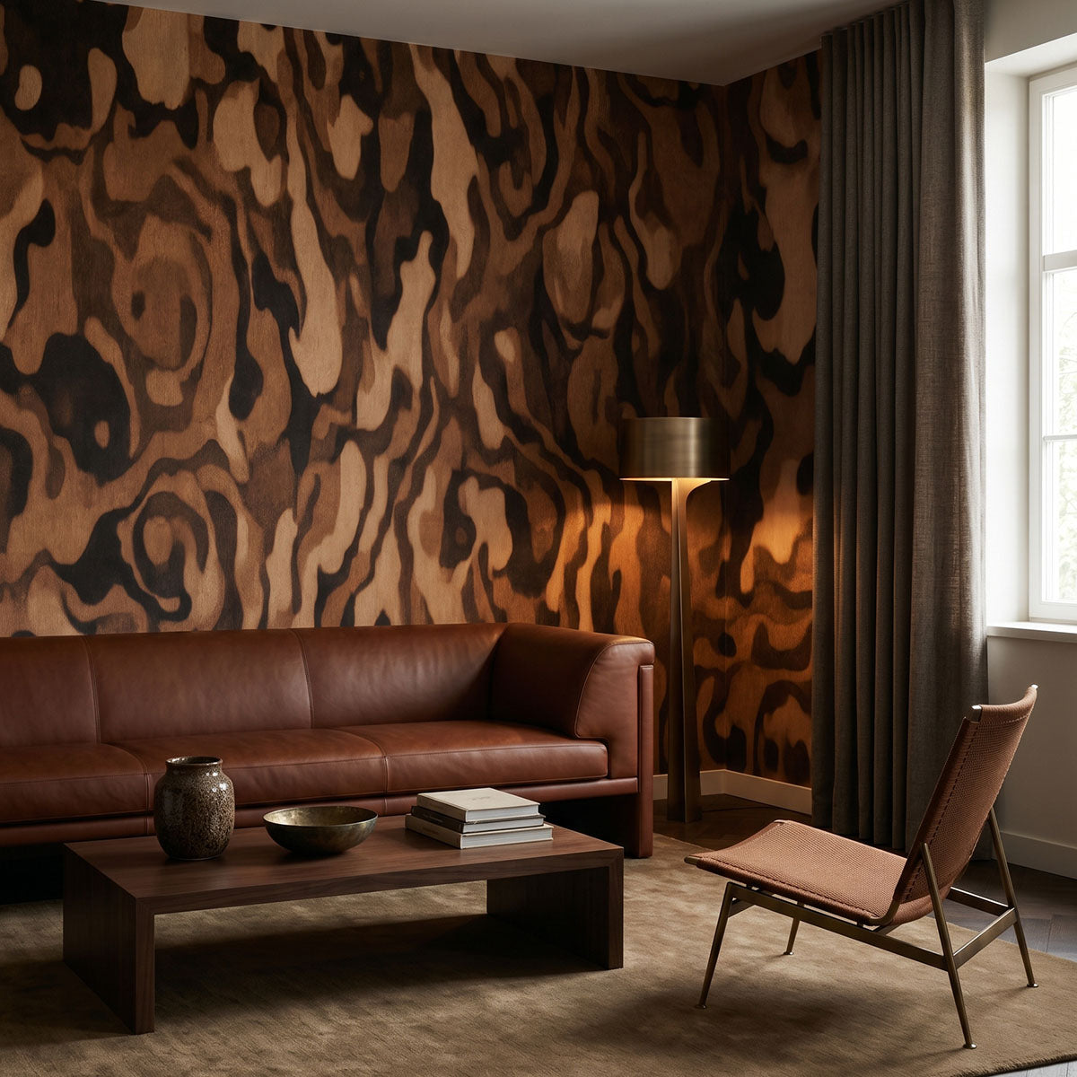 Ettore Grain wallpaper mural shown in living room with leather sofa and brown chair