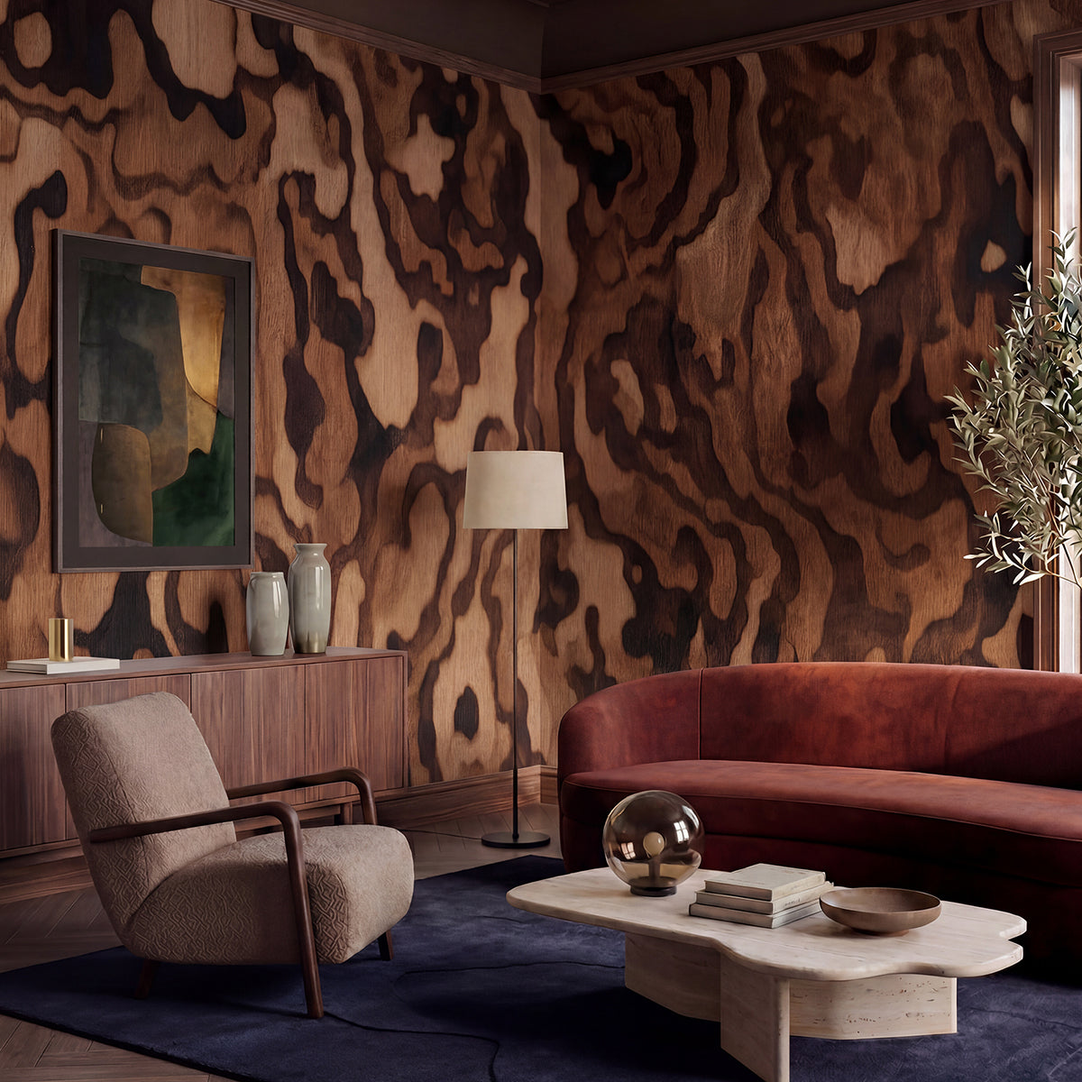 Ettore Grain wallpaper mural shown in living room with rust sofa and grey chair
