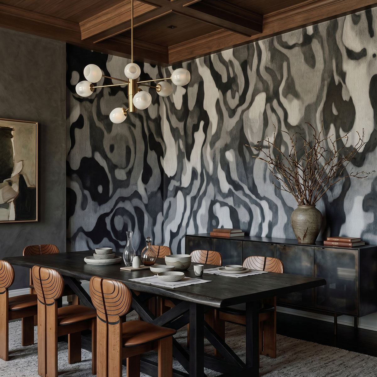 Ettore Line wallpaper mural shown in dining room with table and wood chairs
