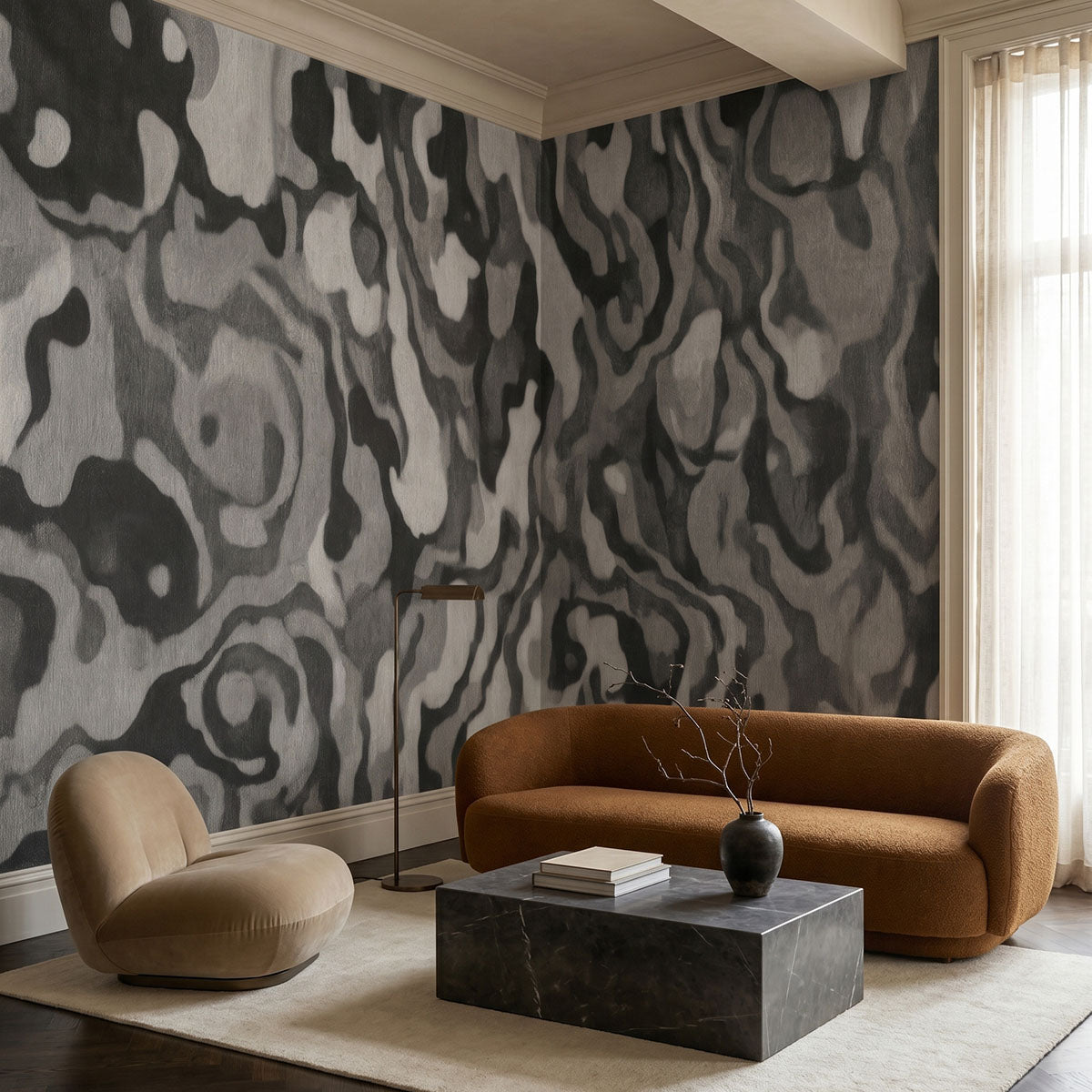 Ettore Line wallpaper mural shown in living room with brown sofa and cream chair