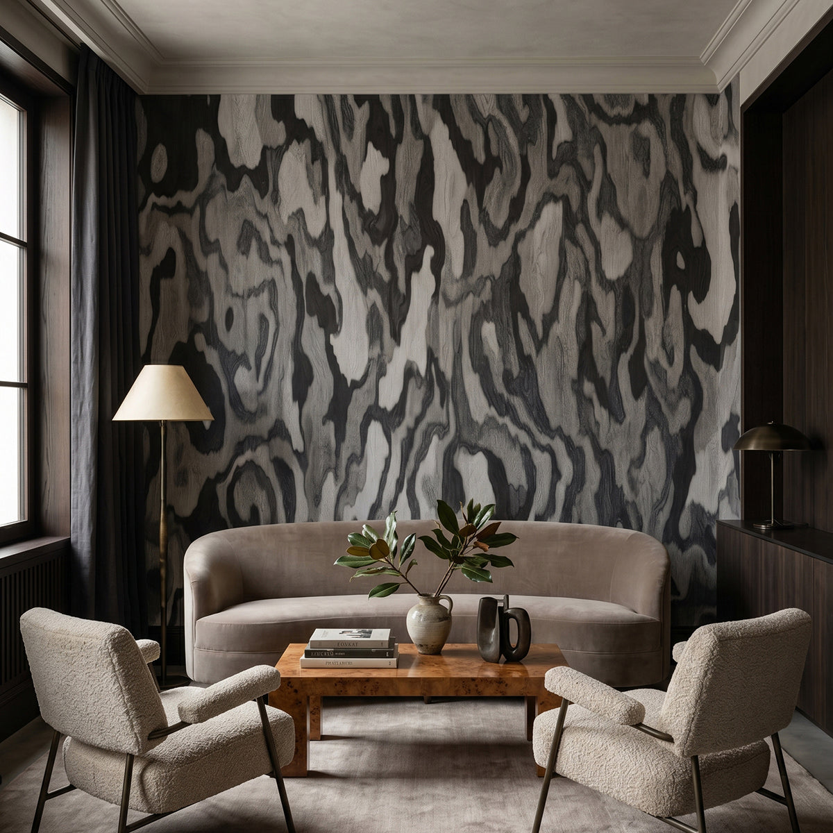 Ettore Root wallpaper mural shown in living room with beige sofa and two chairs