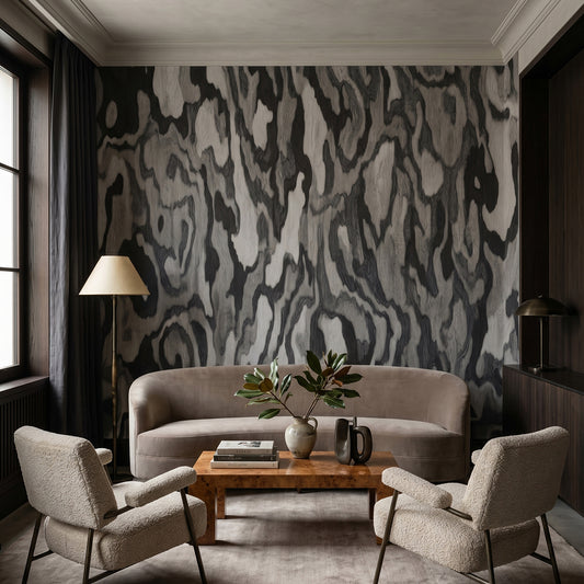 Ettore Root wallpaper mural shown in living room with beige sofa and two chairs
