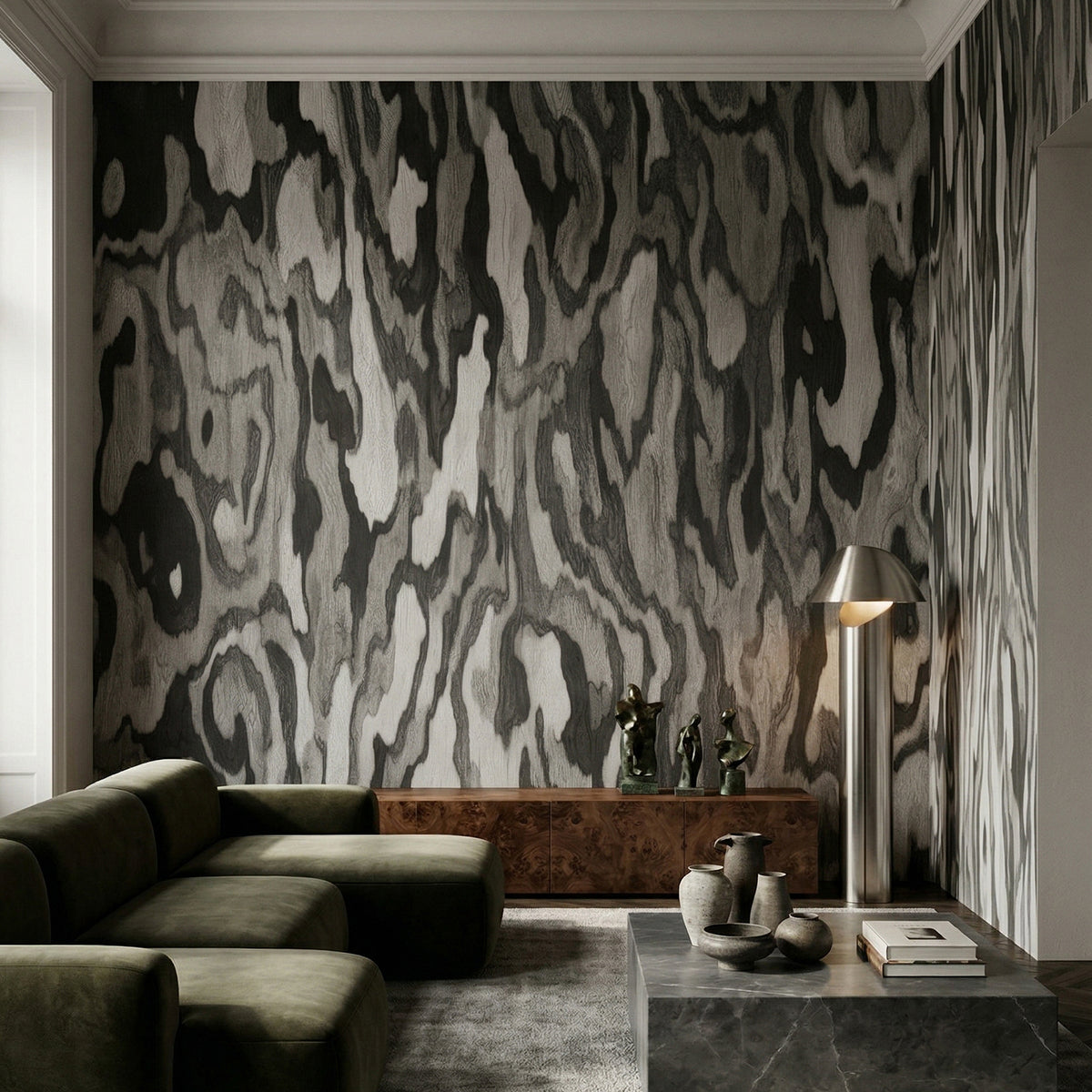 Ettore Root wallpaper mural shown in living room with green sectional