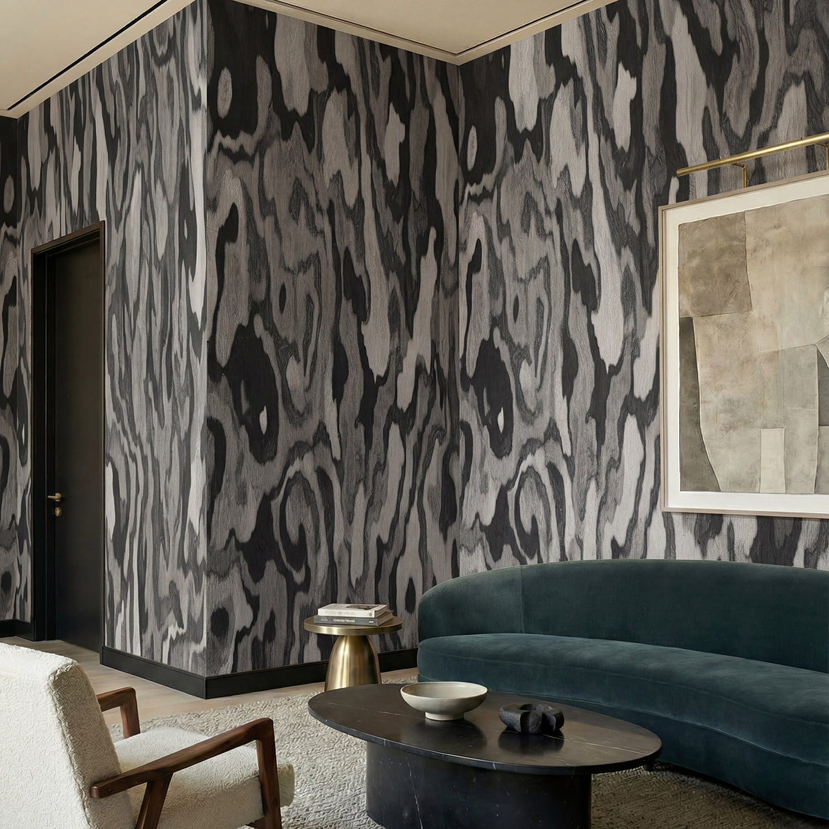 Ettore Root wallpaper mural shown in living room with teal sofa and white chair