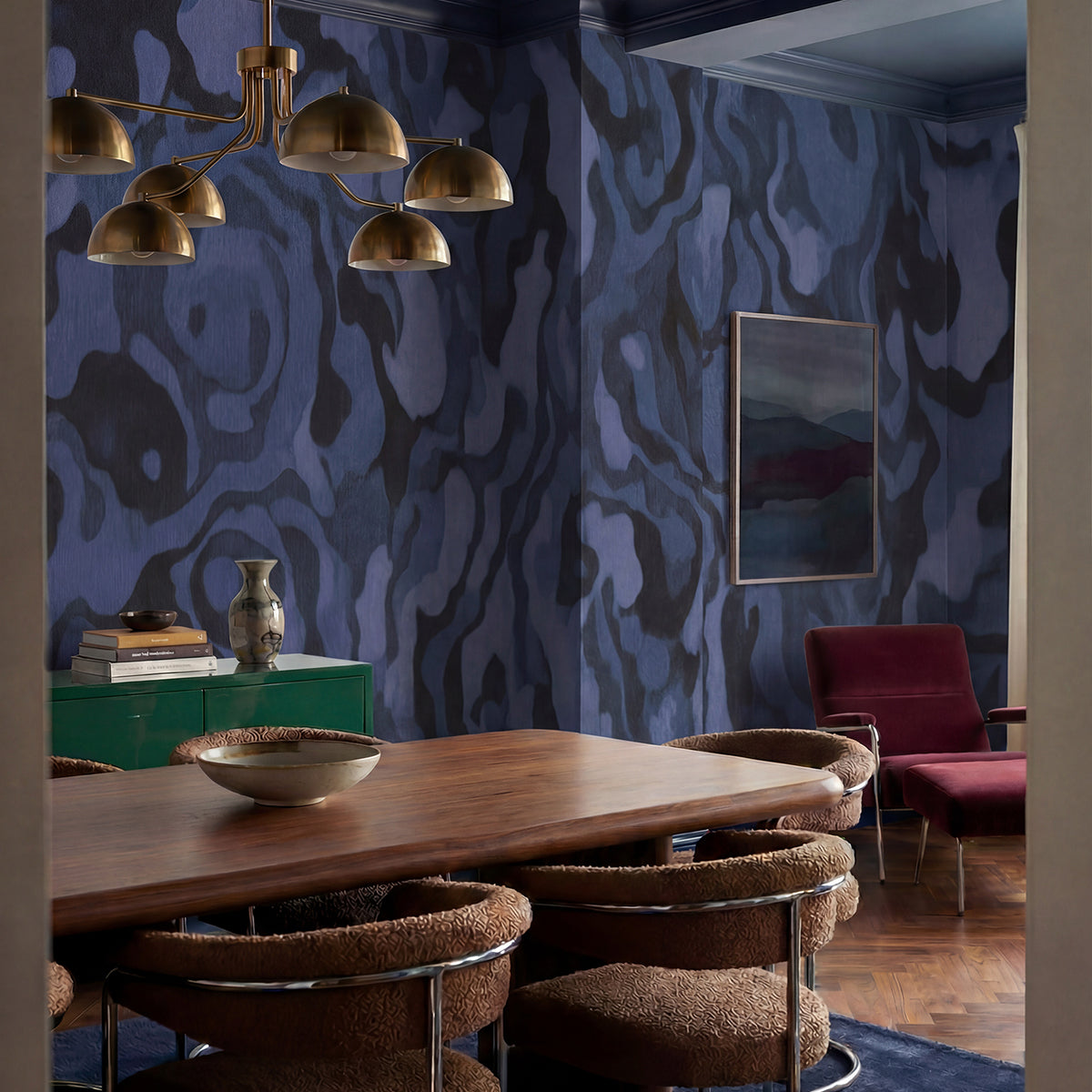 Ettore Veins wallpaper mural shown in dining room with table and brown chairs