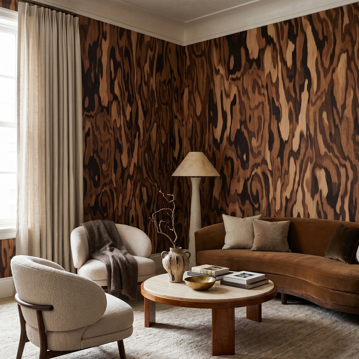 Ettore Walnut wallpaper mural shown in living room with brown sofa and cream armchairs