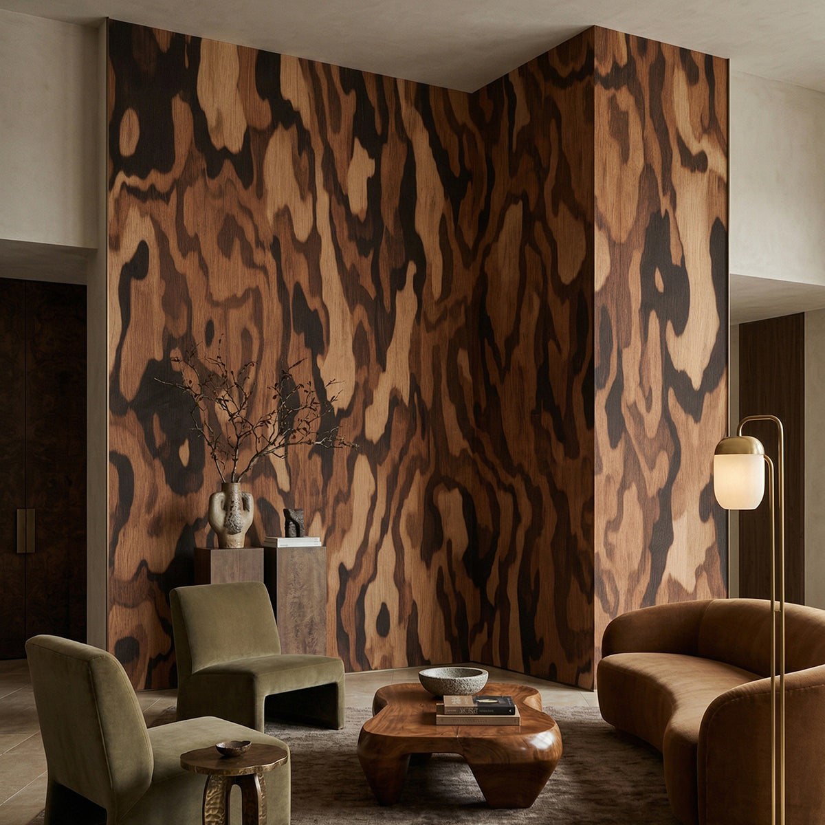 Ettore Walnut wallpaper mural shown in living room with green sofa and brown armchair