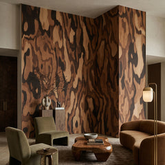 Ettore Walnut wallpaper mural shown in living room with green sofa and brown armchair
