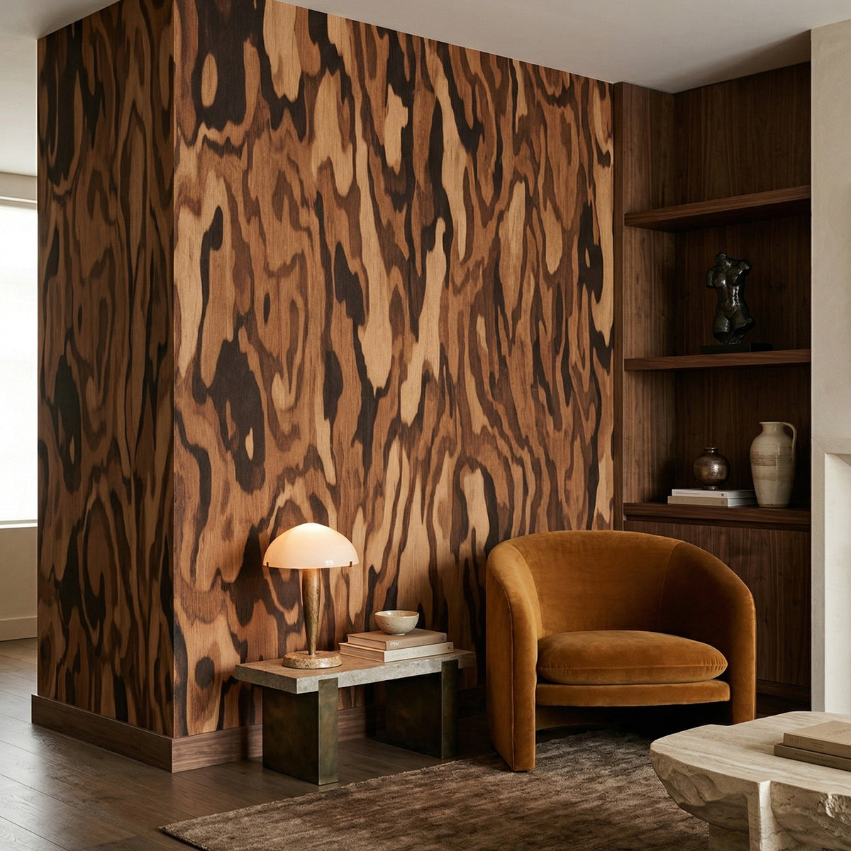 Ettore Walnut wallpaper mural shown in reading corner with mustard chair