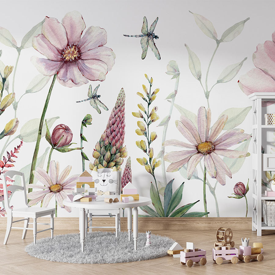 Fabulous Flowers wallpaper mural in a children’s playroom table chairs