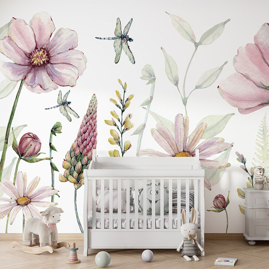 Fabulous Flowers wallpaper mural in a nursery cot