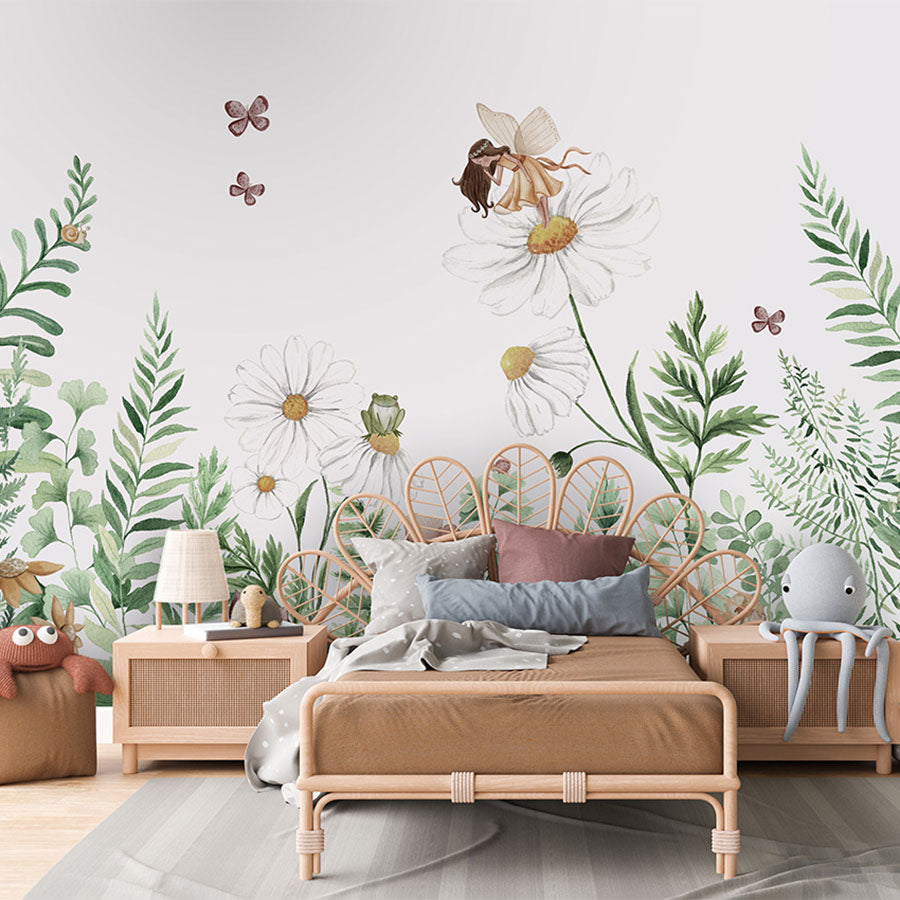 Fairy Garden wallpaper mural in a children’s bedroom rattan bed