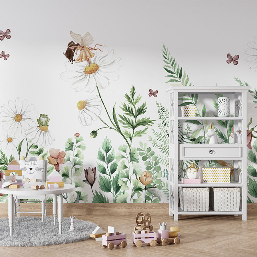 Fairy Garden wallpaper mural in a children’s playroom table