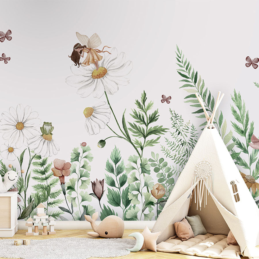 Fairy Garden wallpaper mural in a children’s playroom tipi