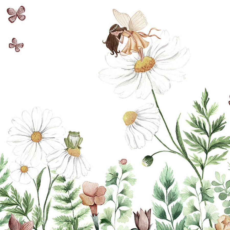 Close-up of the Fairy Garden wallpaper mural featuring fairies, butterflies and wildflowers