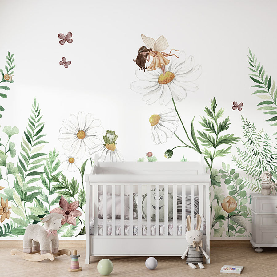 Fairy Garden wallpaper mural in a nursery cot