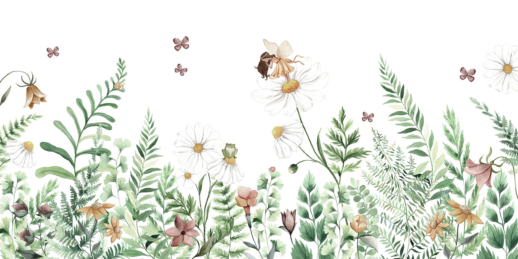 Fairy Garden wallpaper mural by Kikki Belle featuring fairies, butterflies and wildflowers