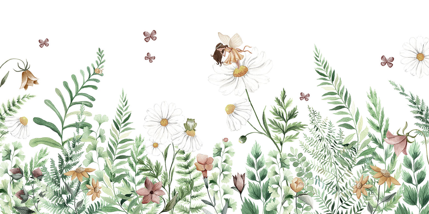 Fairy Garden wallpaper mural by Kikki Belle featuring fairies, butterflies and wildflowers