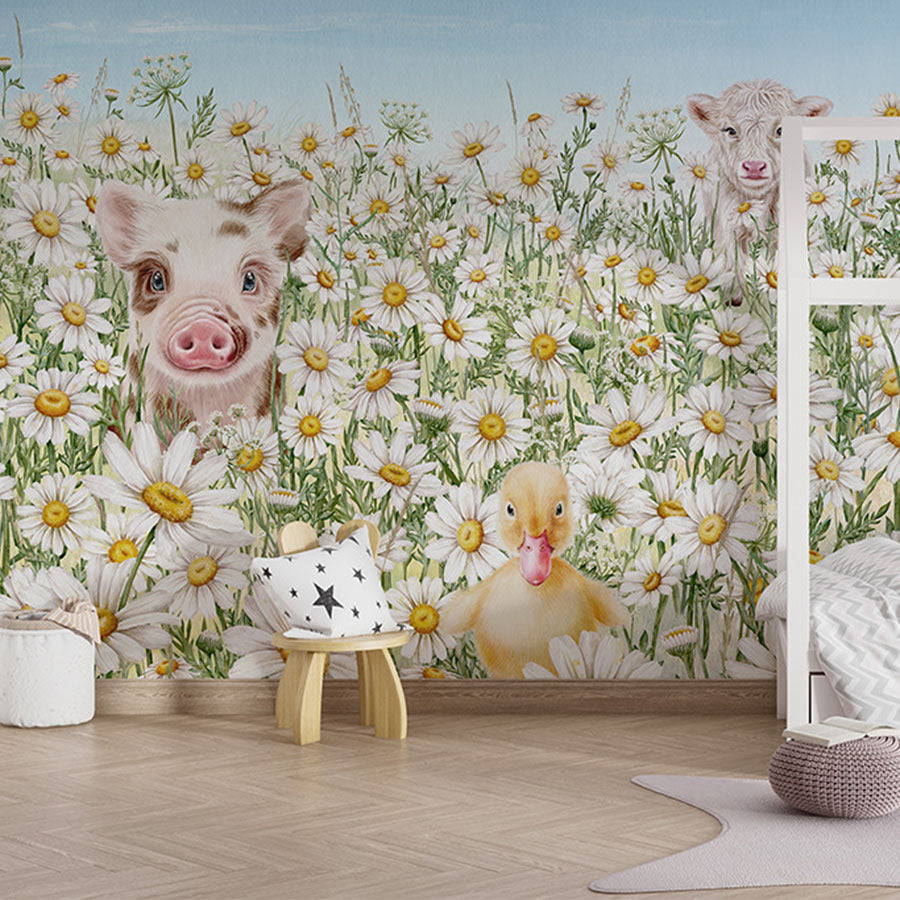Farm Animals wallpaper mural in a children’s bedroom house bed