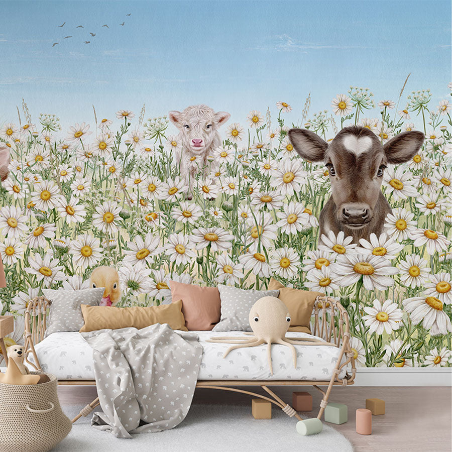 Farm Animals wallpaper mural in a children’s bedroom rattan daybed