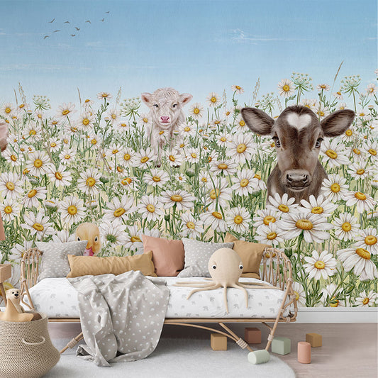 Farm Animals wallpaper mural in a children’s bedroom rattan daybed
