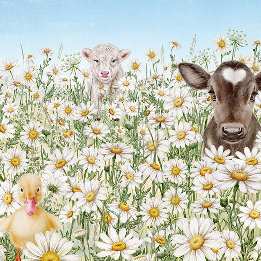 Close-up of the Farm Animals wallpaper mural featuring farm animals among white daisies