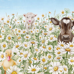 Close-up of the Farm Animals wallpaper mural featuring farm animals among white daisies