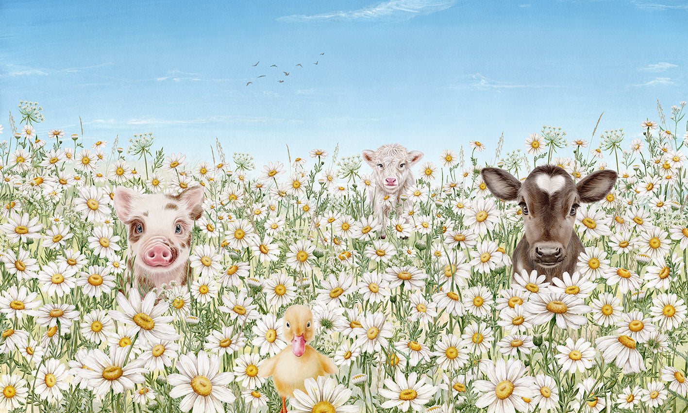 Farm Animals wallpaper mural by Kikki Belle featuring farm animals among white daisies