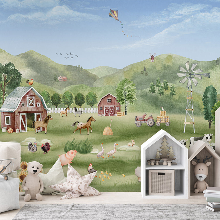 Farm Joy wallpaper mural shown in a children's bedroom house shelves