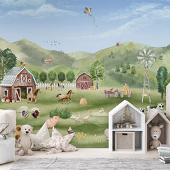 Farm Joy wallpaper mural shown in a children's bedroom house shelves