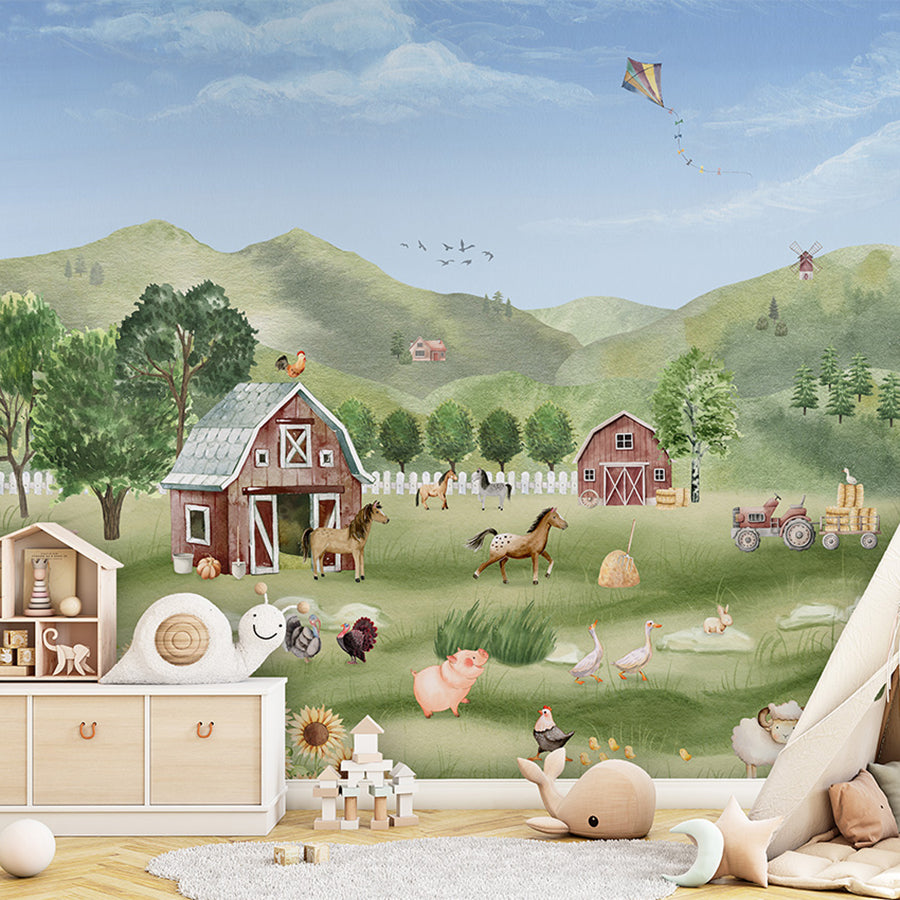 Farm Joy wallpaper mural shown in a children's bedroom teepee