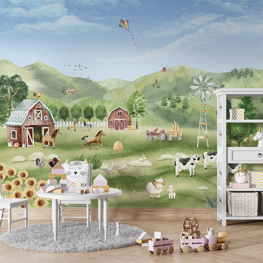 Farm Joy wallpaper mural shown in a children's playroom table